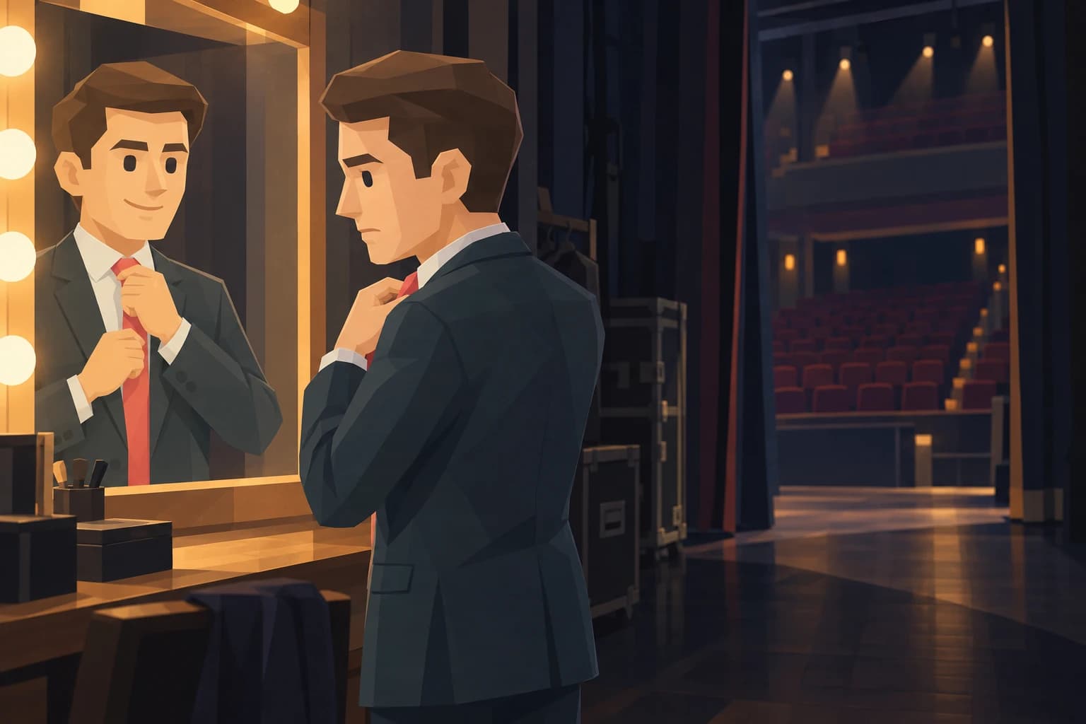 A brown-haired Trailblazer adjusts his coral tie at a backstage mirror beside an empty auditorium.