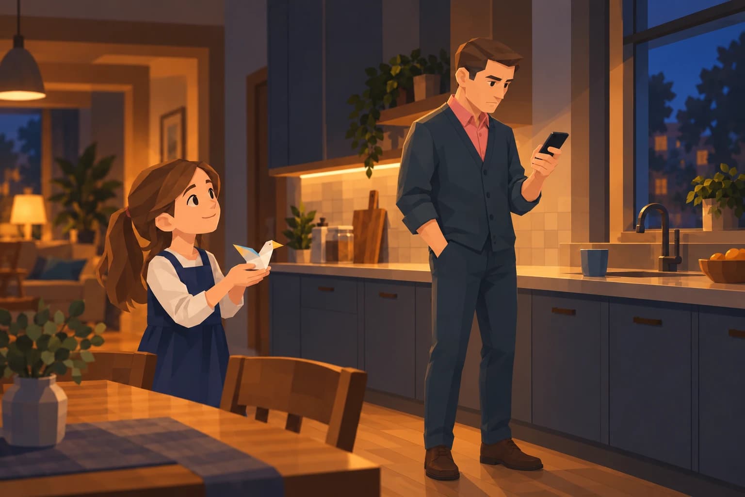 A middle-aged Trailblazer checks his phone while a child waits to show him a paper bird.