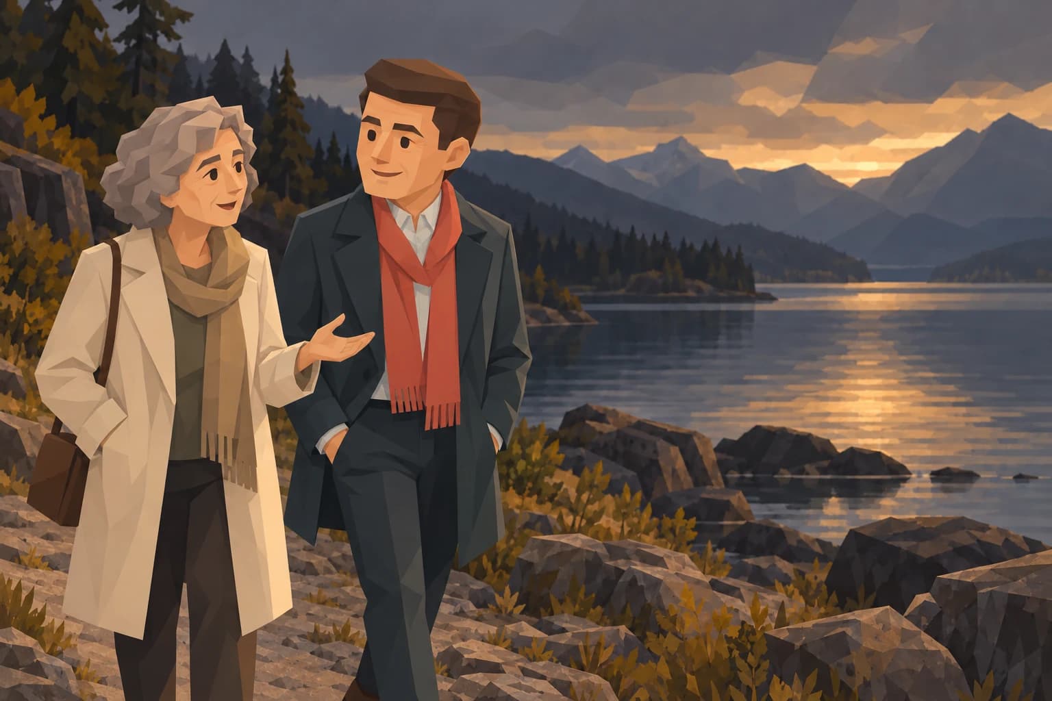 A Trailblazer walks along a quiet lakeshore with a silver-haired friend.