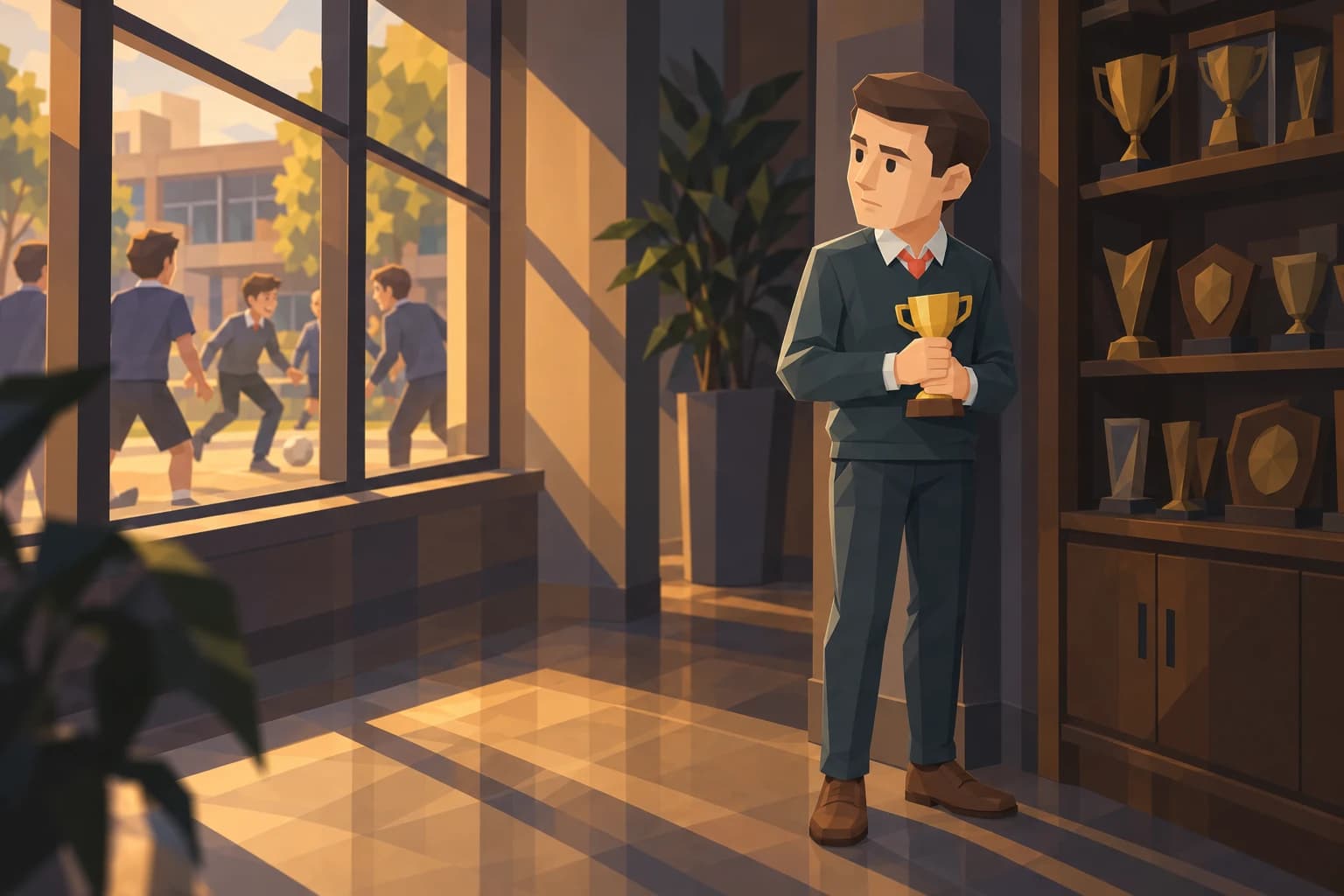 A schoolboy holds a small trophy beside an awards cabinet while classmates play outside.