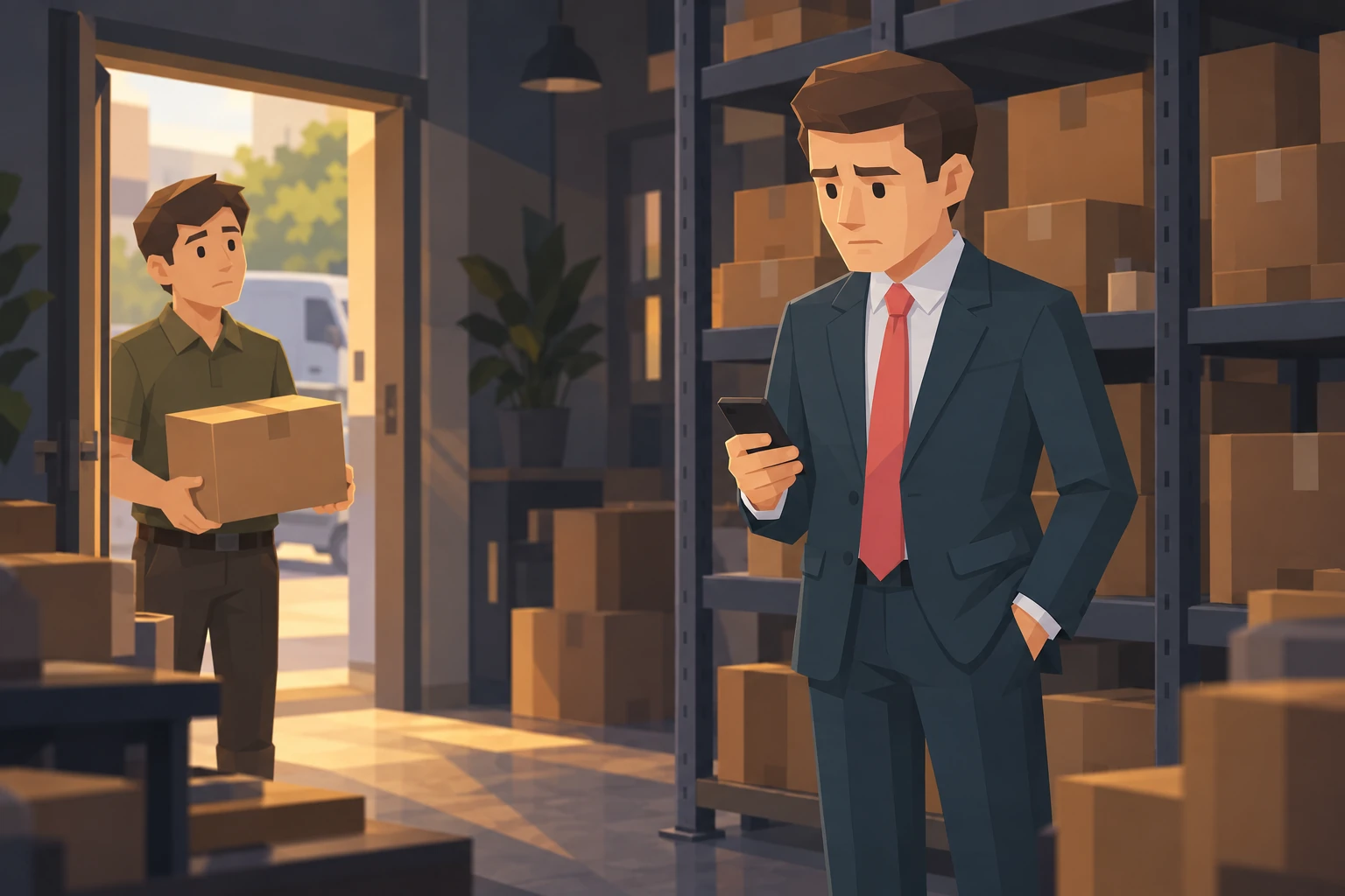 A founder in a charcoal suit stands among parcels while an employee waits with a box.