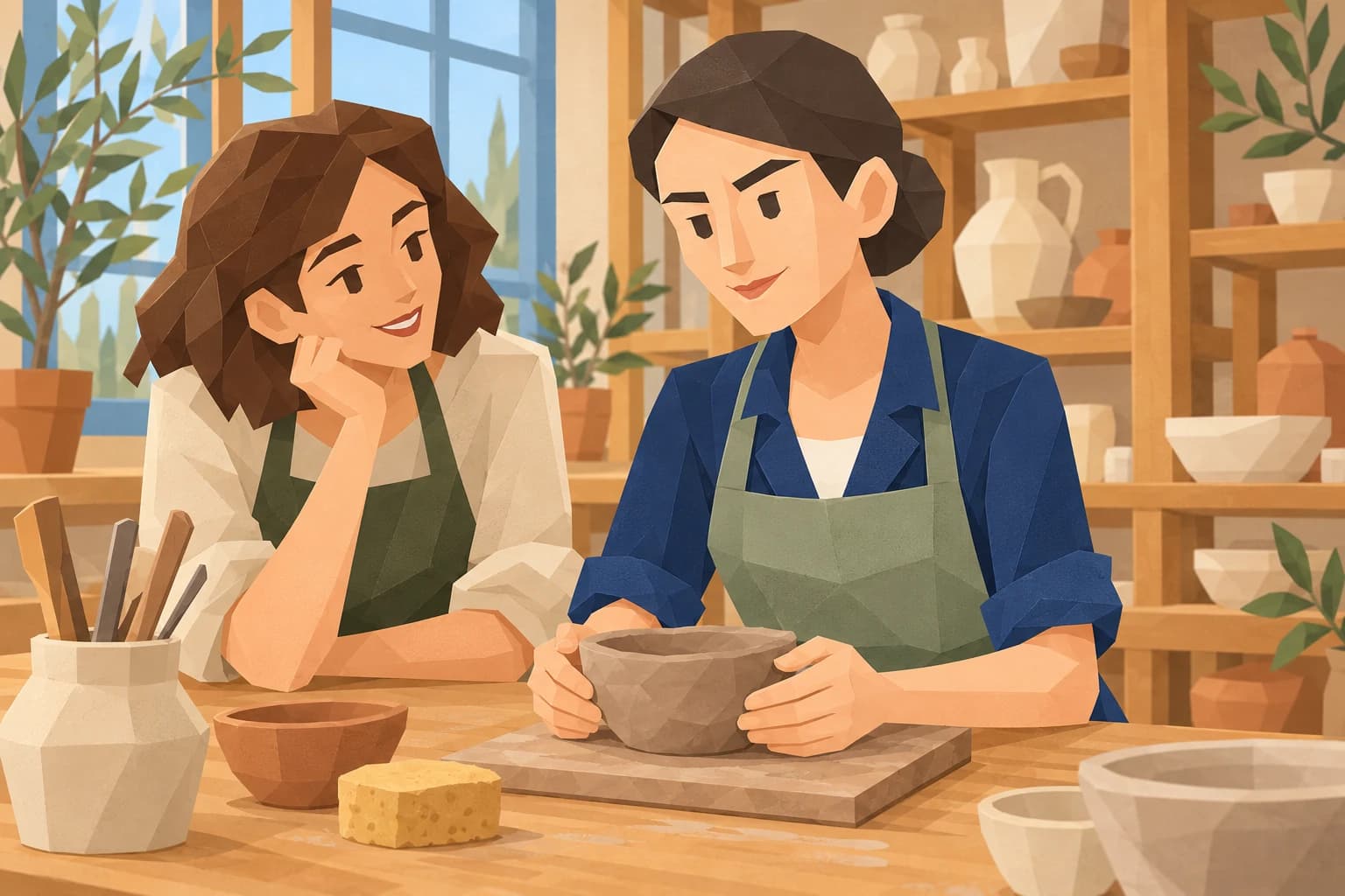 The Purist making an imperfect clay bowl beside a friend in a pottery studio.