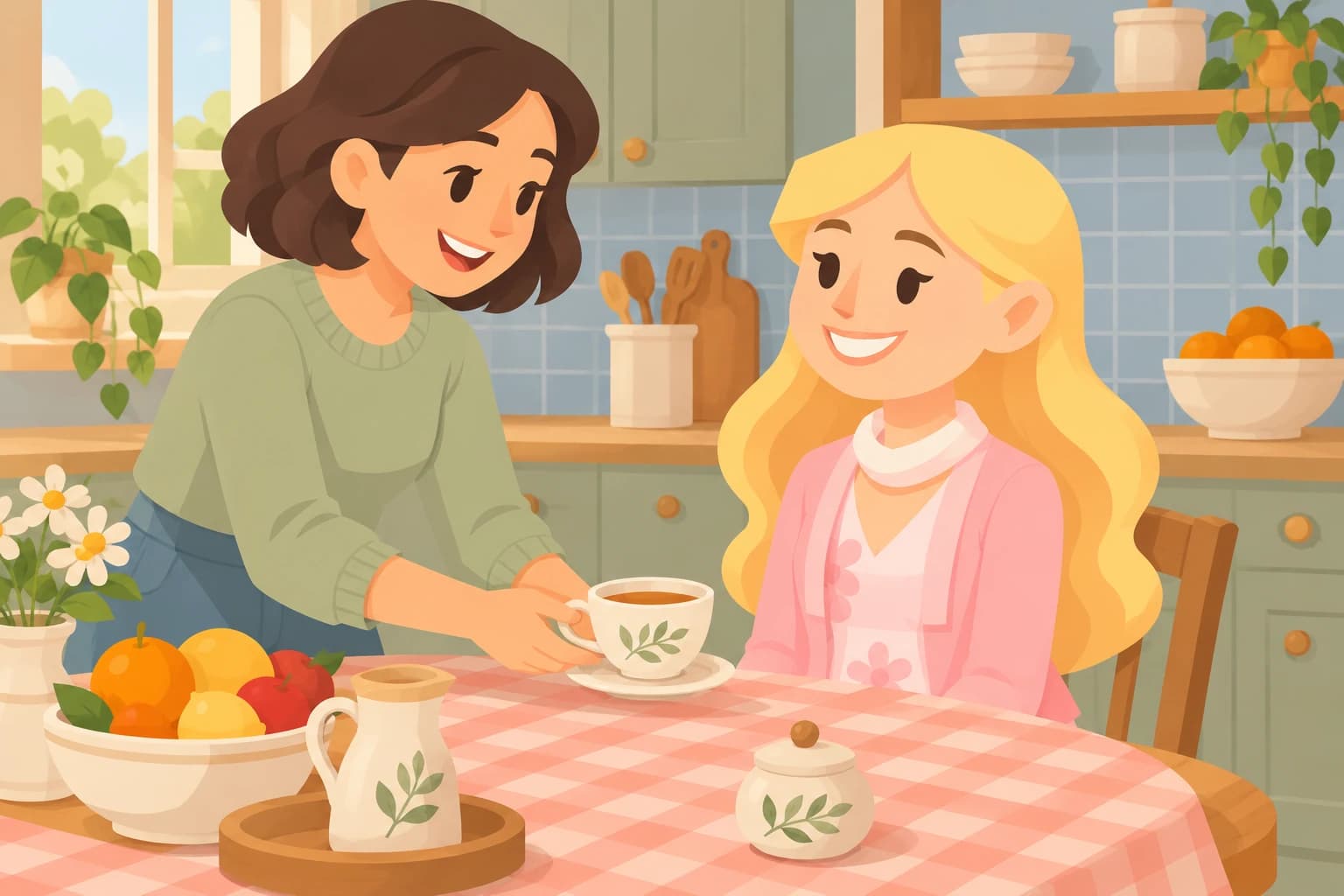 The blonde Aide receiving a cup of tea from a friend in a sunlit kitchen.