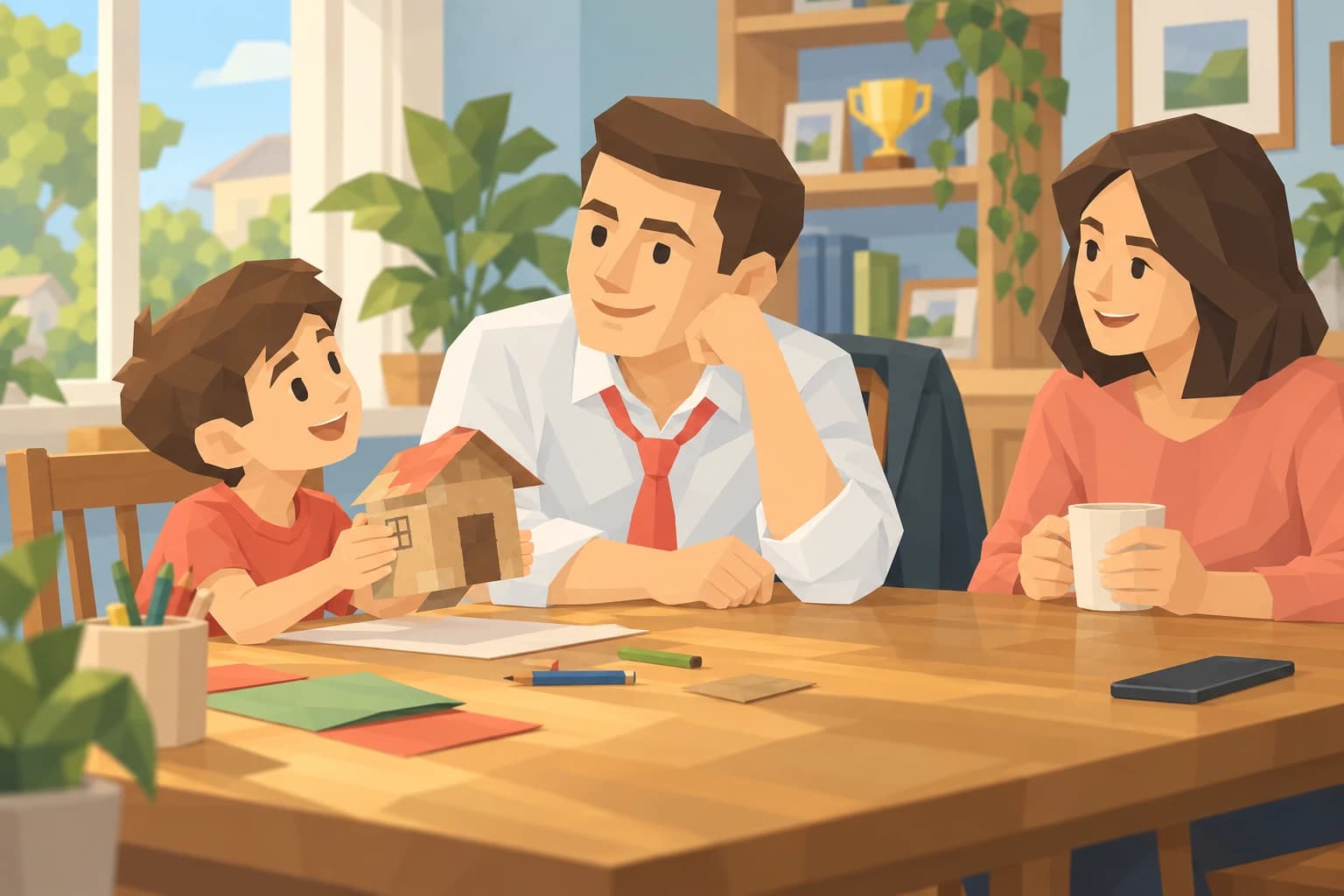 The Trailblazer listening to his child at a kitchen table, with his phone set aside.