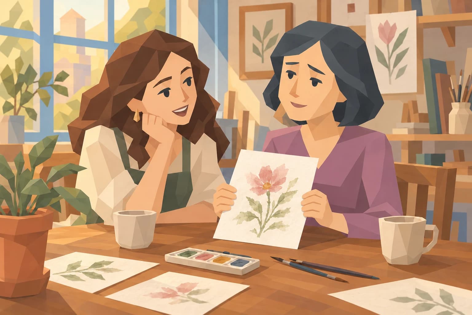 The Muse sharing a flower painting with a friend at a studio table.