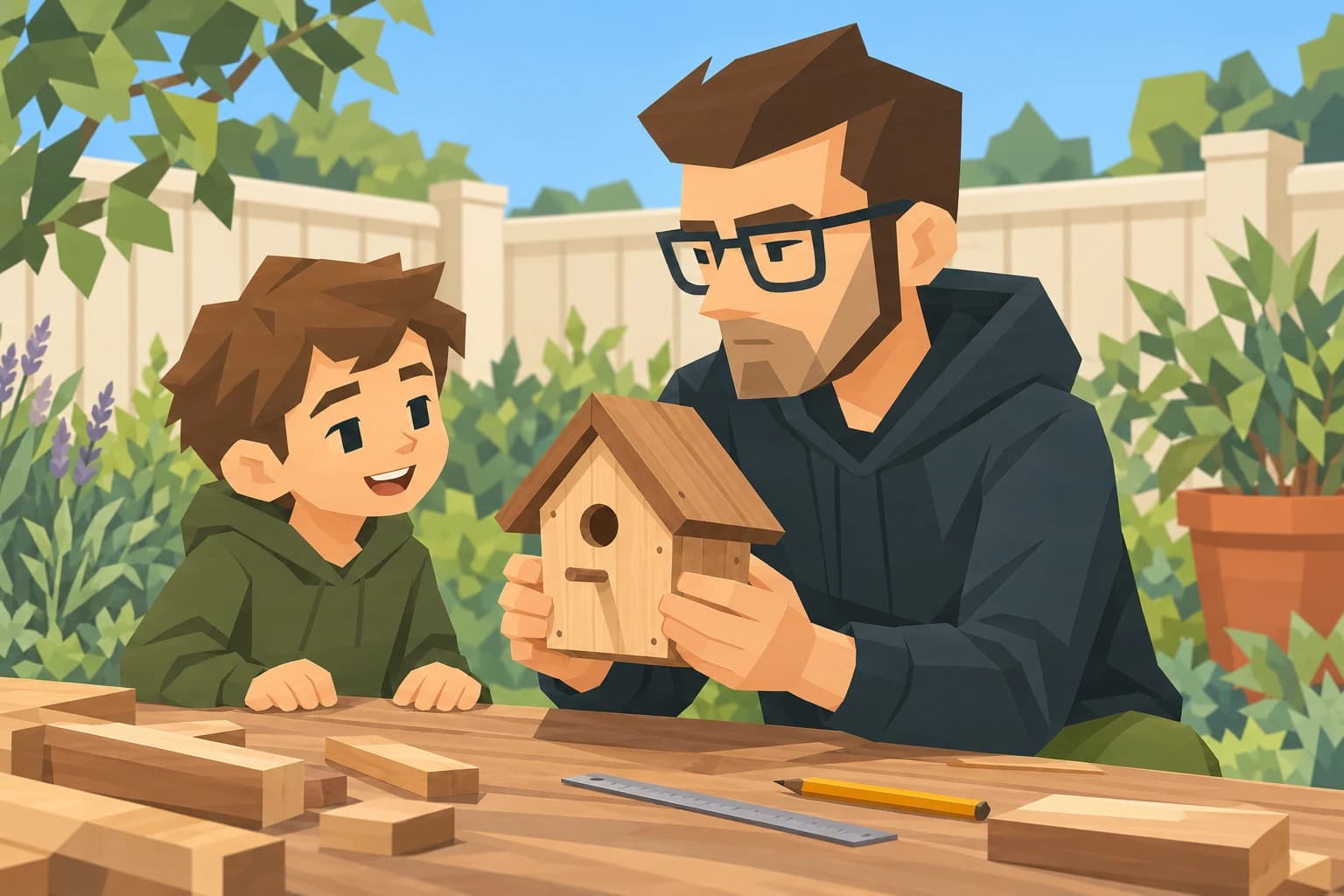 The Scholar and a young relative building a wooden birdhouse at a garden table.