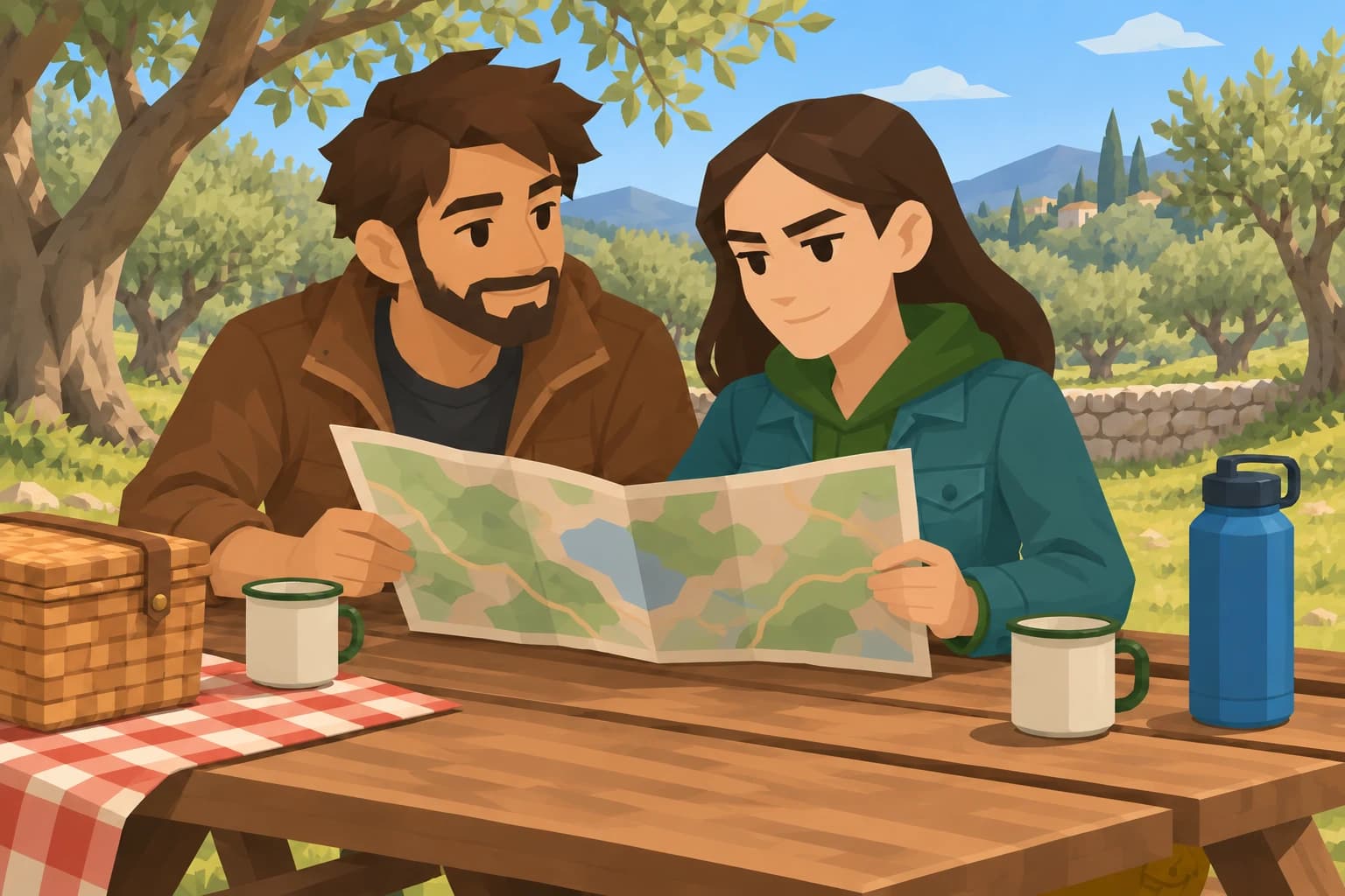 The Pragmatist and a friend checking a simple picnic map together outdoors.