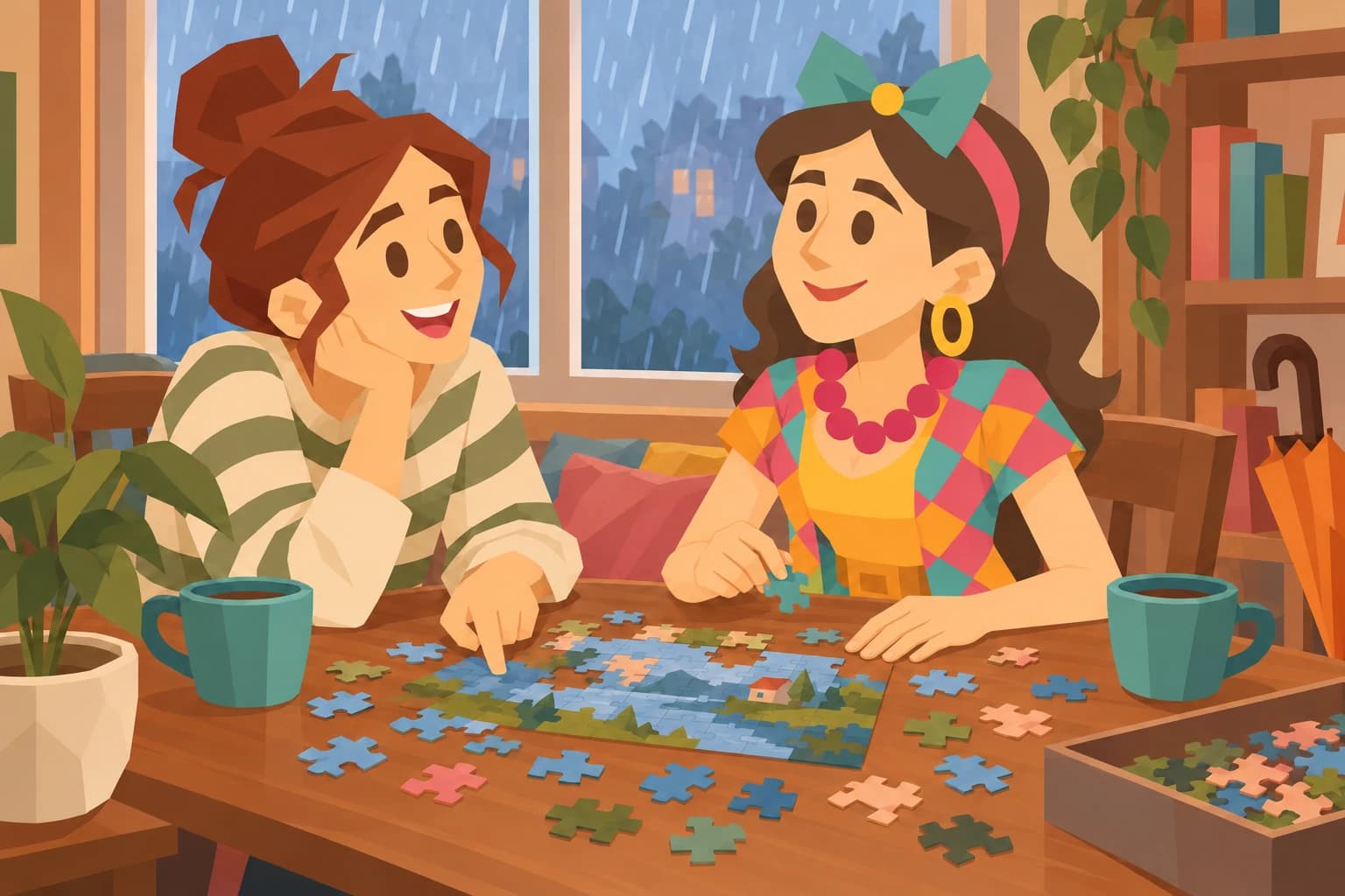 The Spark staying in on a rainy afternoon to complete a puzzle with a friend.