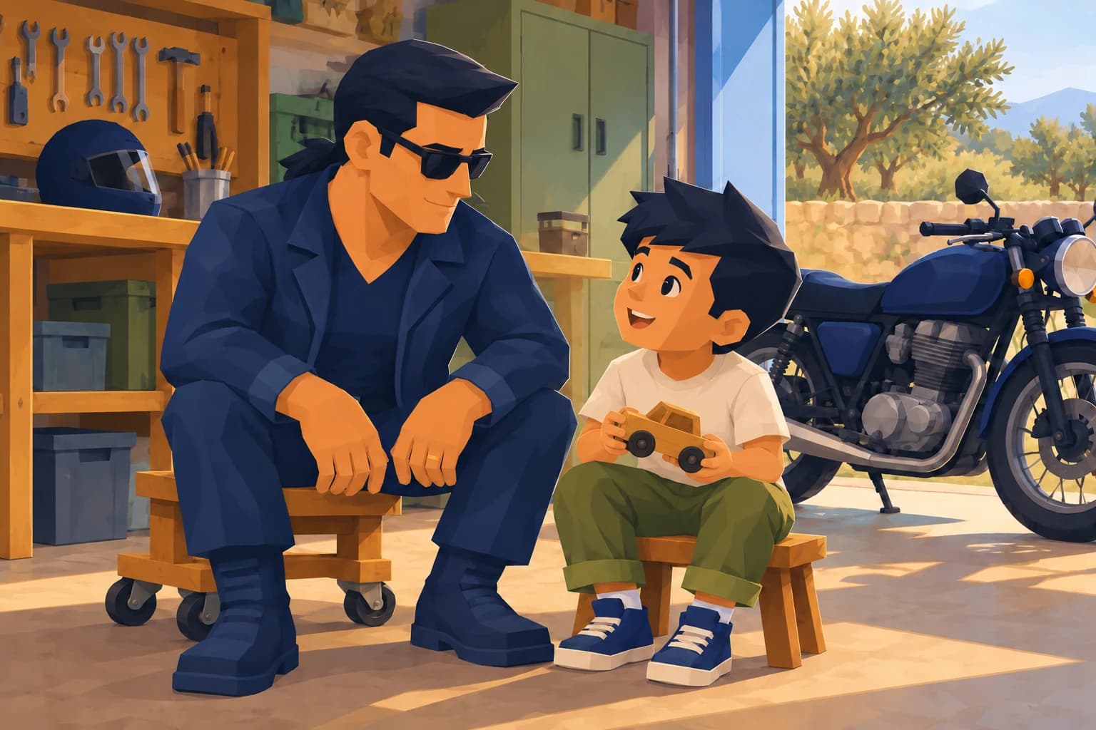 The Champ listening at eye level to a young relative beside a parked motorcycle in a garage.