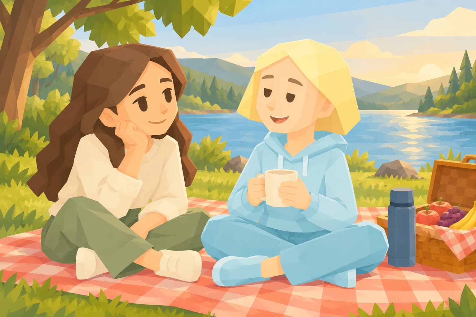 The blonde Consul in a blue hoodie sharing her choice of a picnic spot with a friend beside a lake.