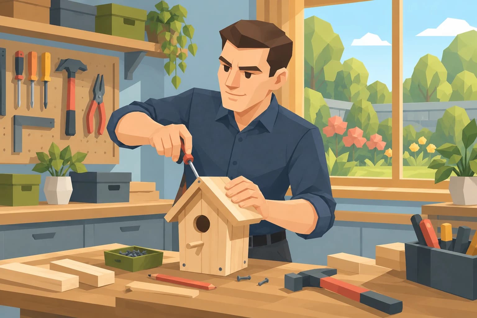 Carefully crafting a birdhouse in a home workshop
