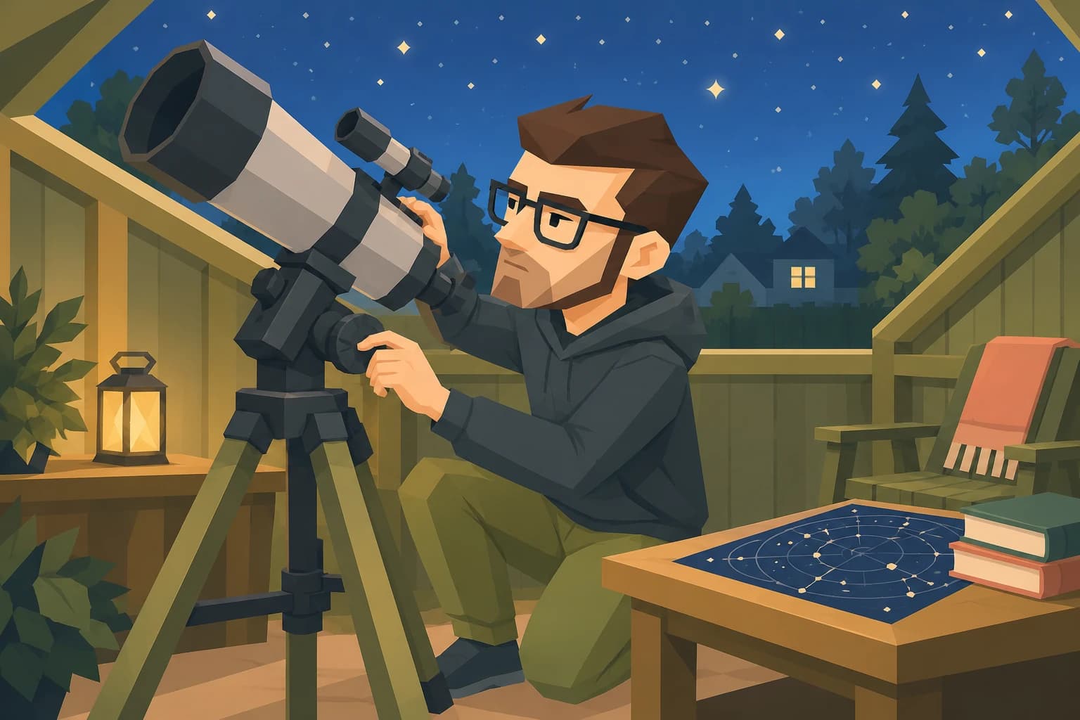 The Scholar exploring the night sky through a telescope.