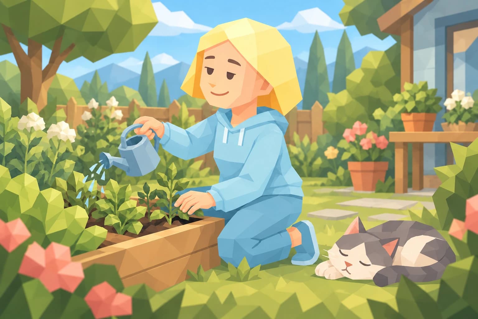 The Consul tending her garden beside a sleeping cat.
